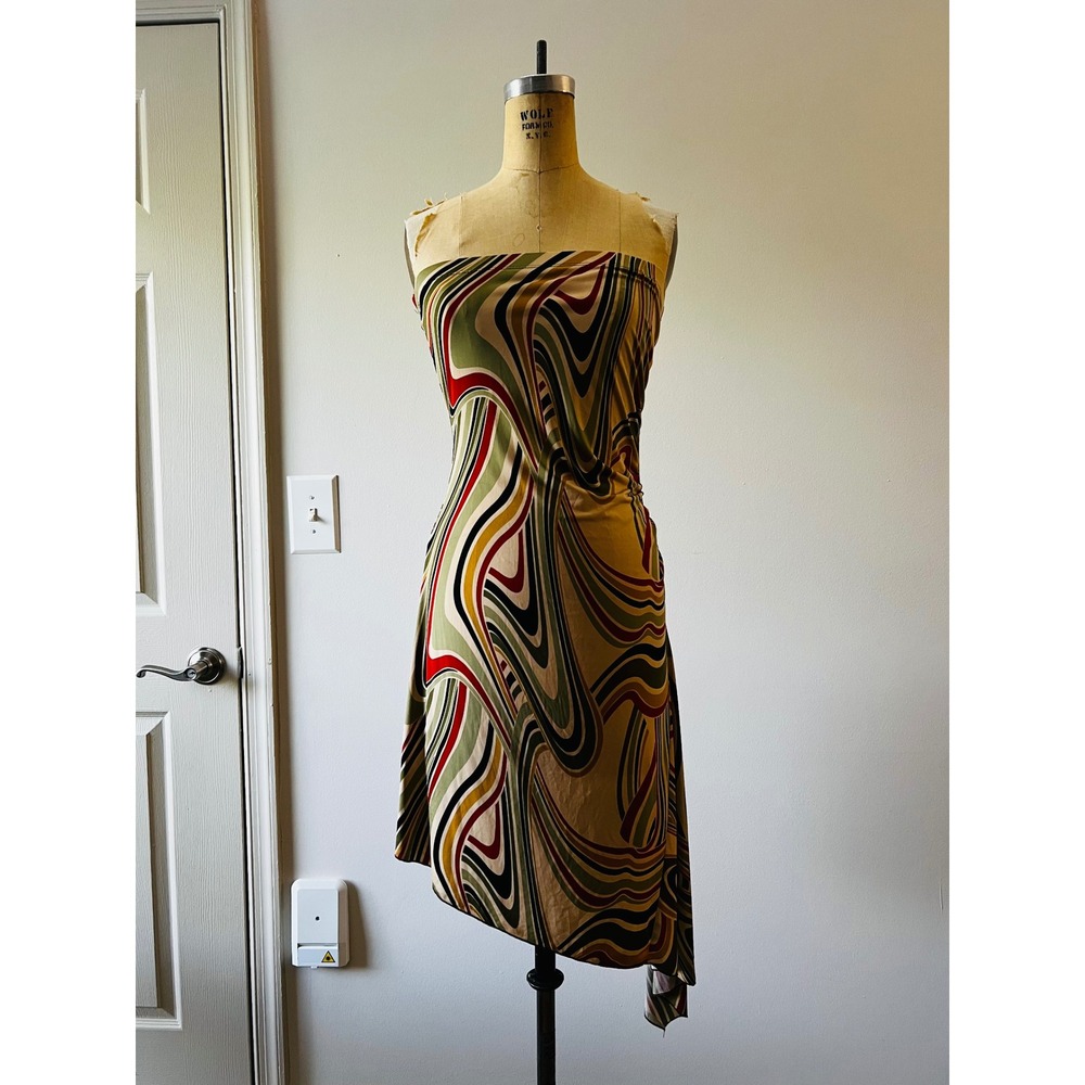 Y2K Strapless Psychedelic Swirl Asymmetrical Dress Retro Boho Rave Indie Large
